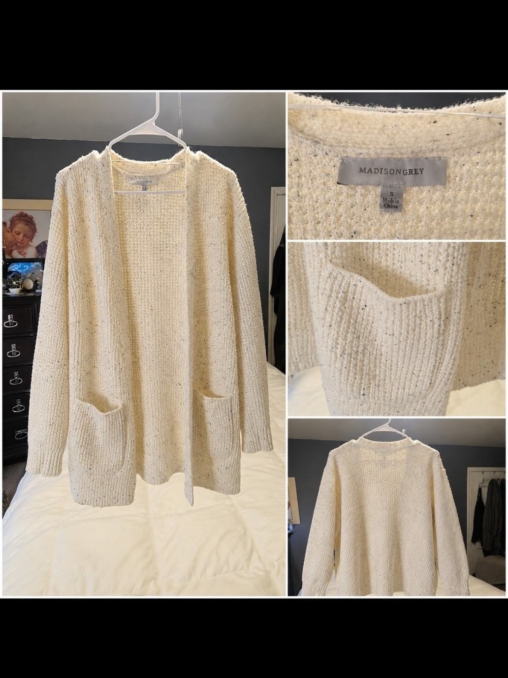 Madisongrey Cream Open-Front Textured Pocket Cardigan